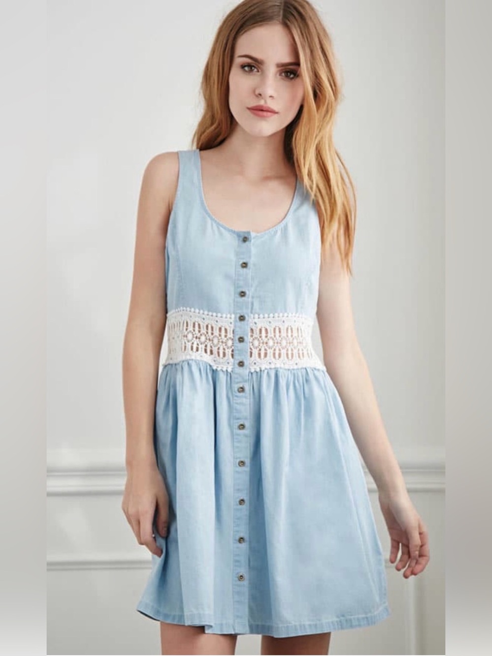 Pins And Needles Crochet-Waist Chambray Dress Sleeveless Light Blue Button-Front